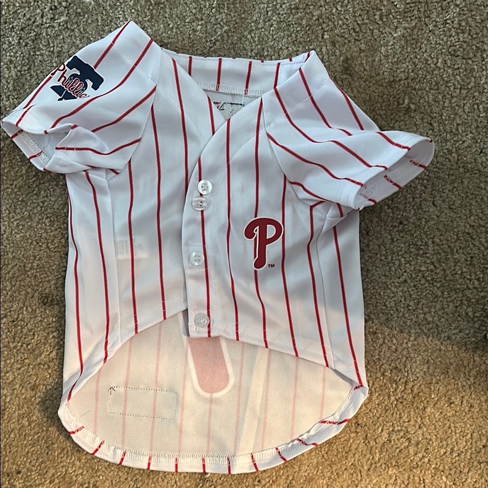 White and Red Dog Baseball Jersey with Pinstripes